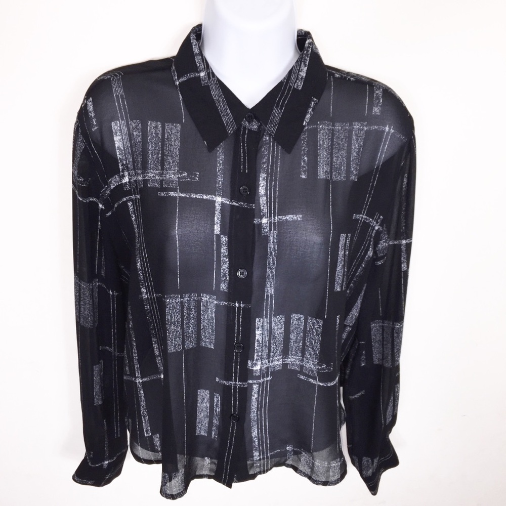 Reformed Sheer Black&White Button Down Crop Top